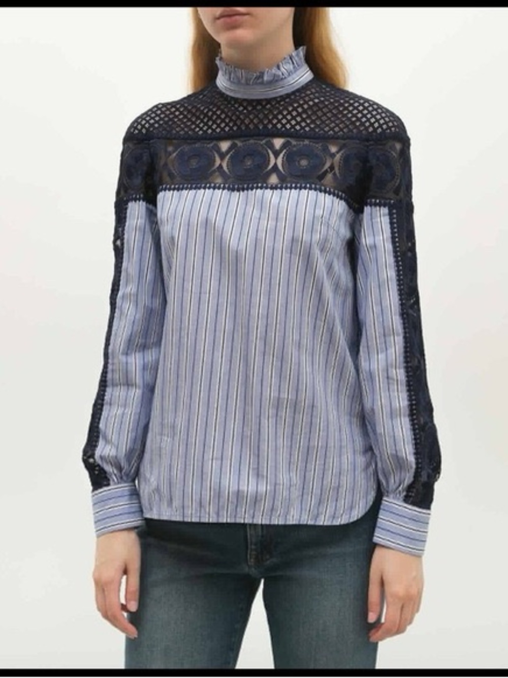 Sandro Paris Clemetite Striped Lace Blouse Ruffle Collar Size 1